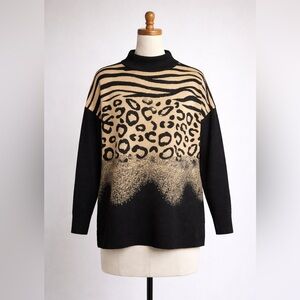 Frank Lyman Mixed Animal Print Sweater - Black &‎ Tan - Size XL /TG